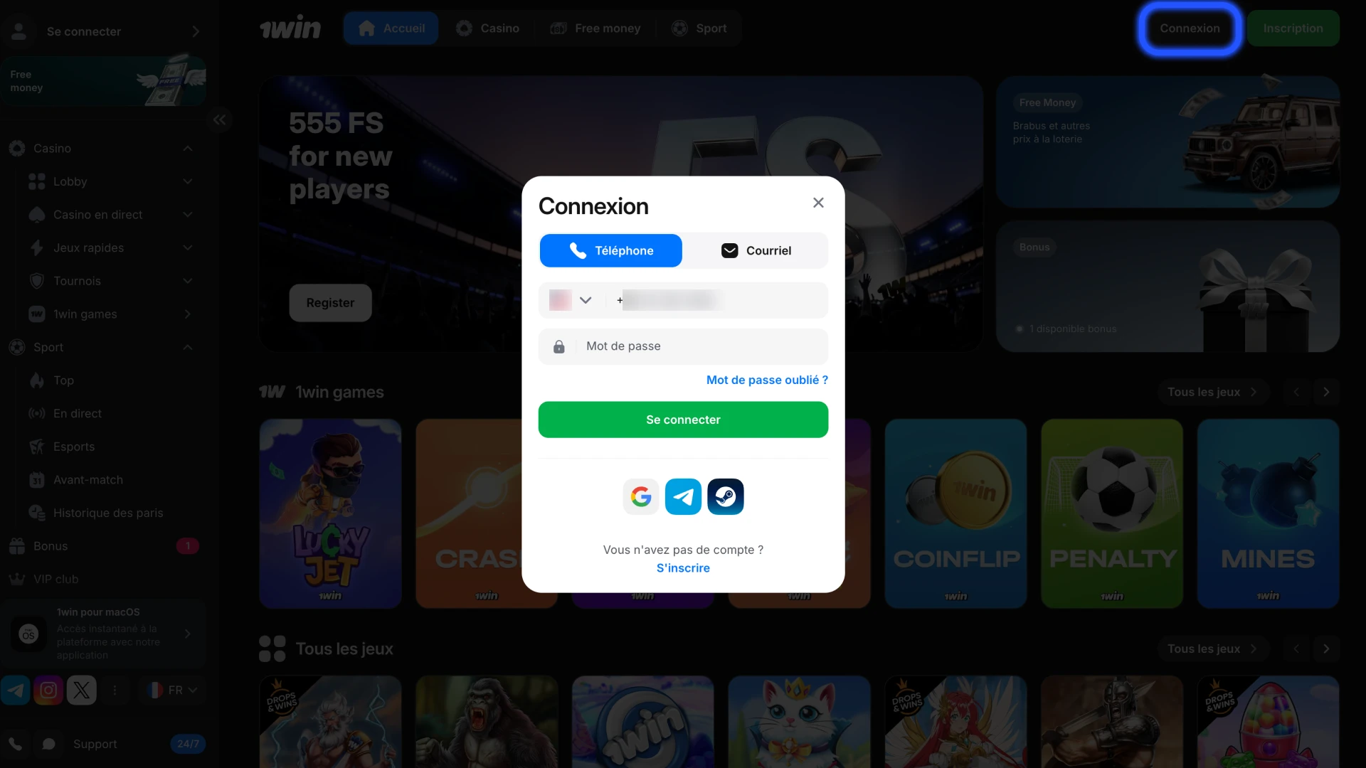 Commencez par cliquer sur le bouton de connexion sur la page principale de 1win.