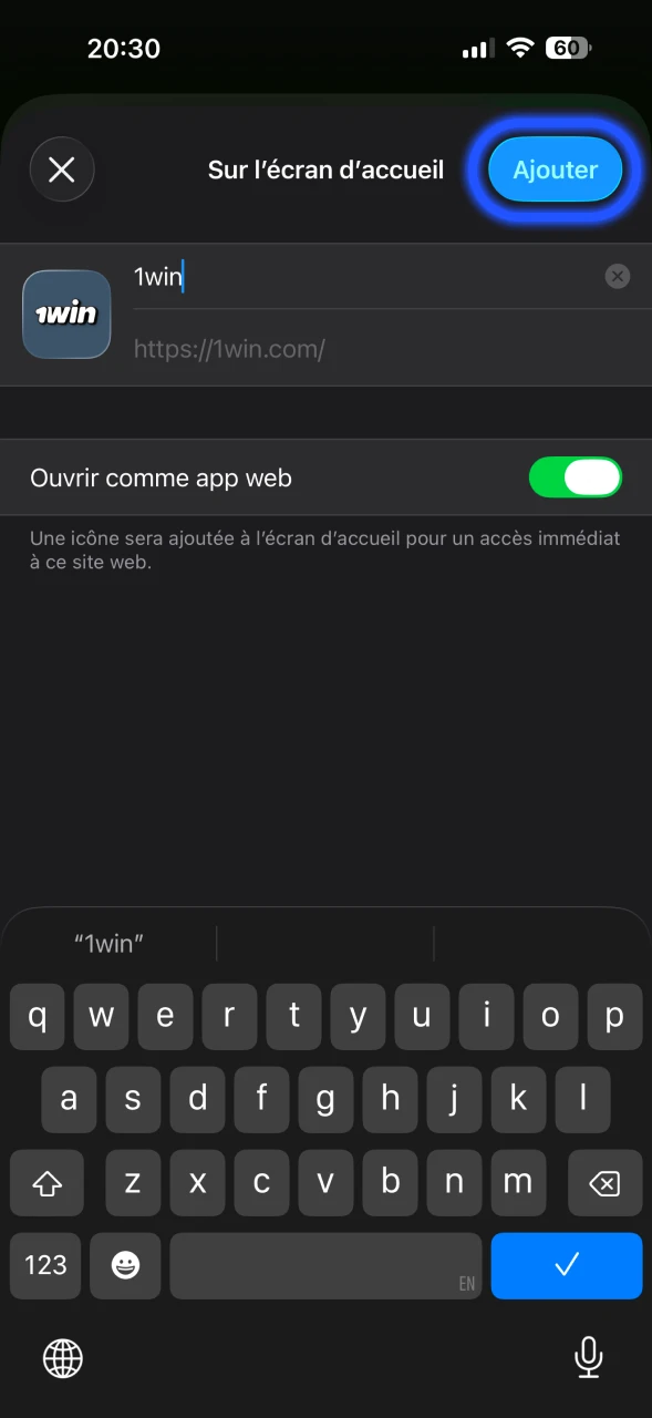 Ajoutez le raccourci 1Win à l'écran de votre smartphone.