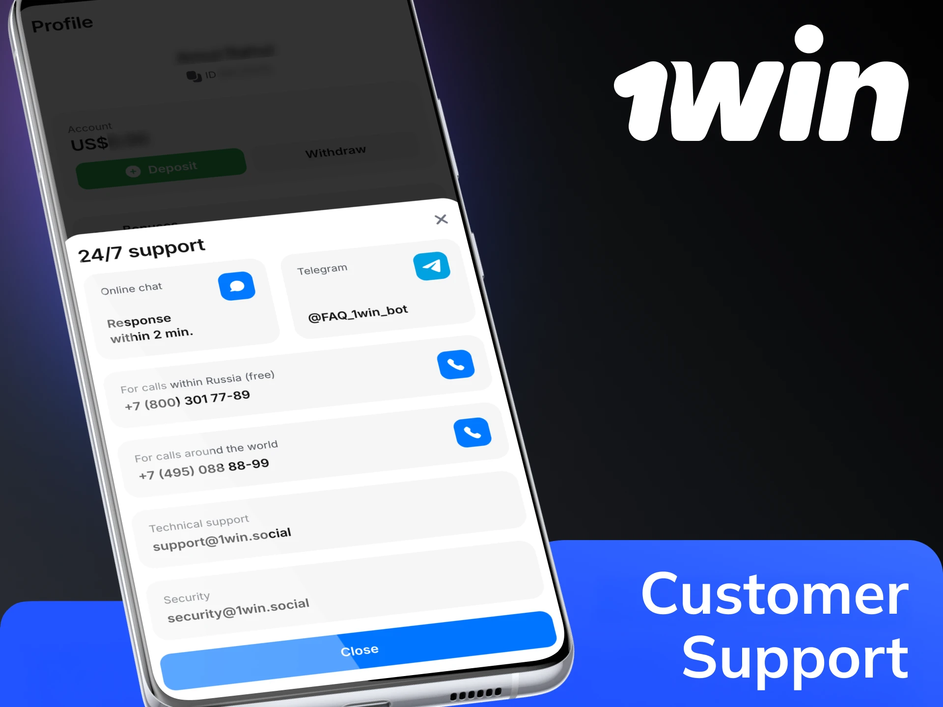 Choose your method on 1Win app to contact support.