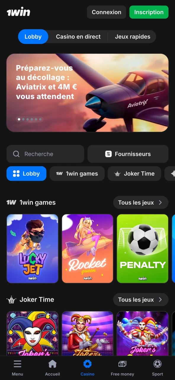 Découvrez la section casino de l'application 1Win.