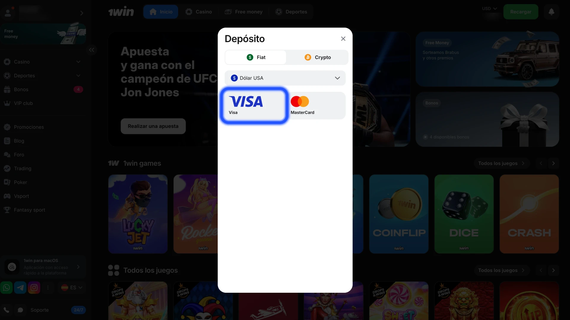 Abre la sección de pagos en el sitio web de 1Win.