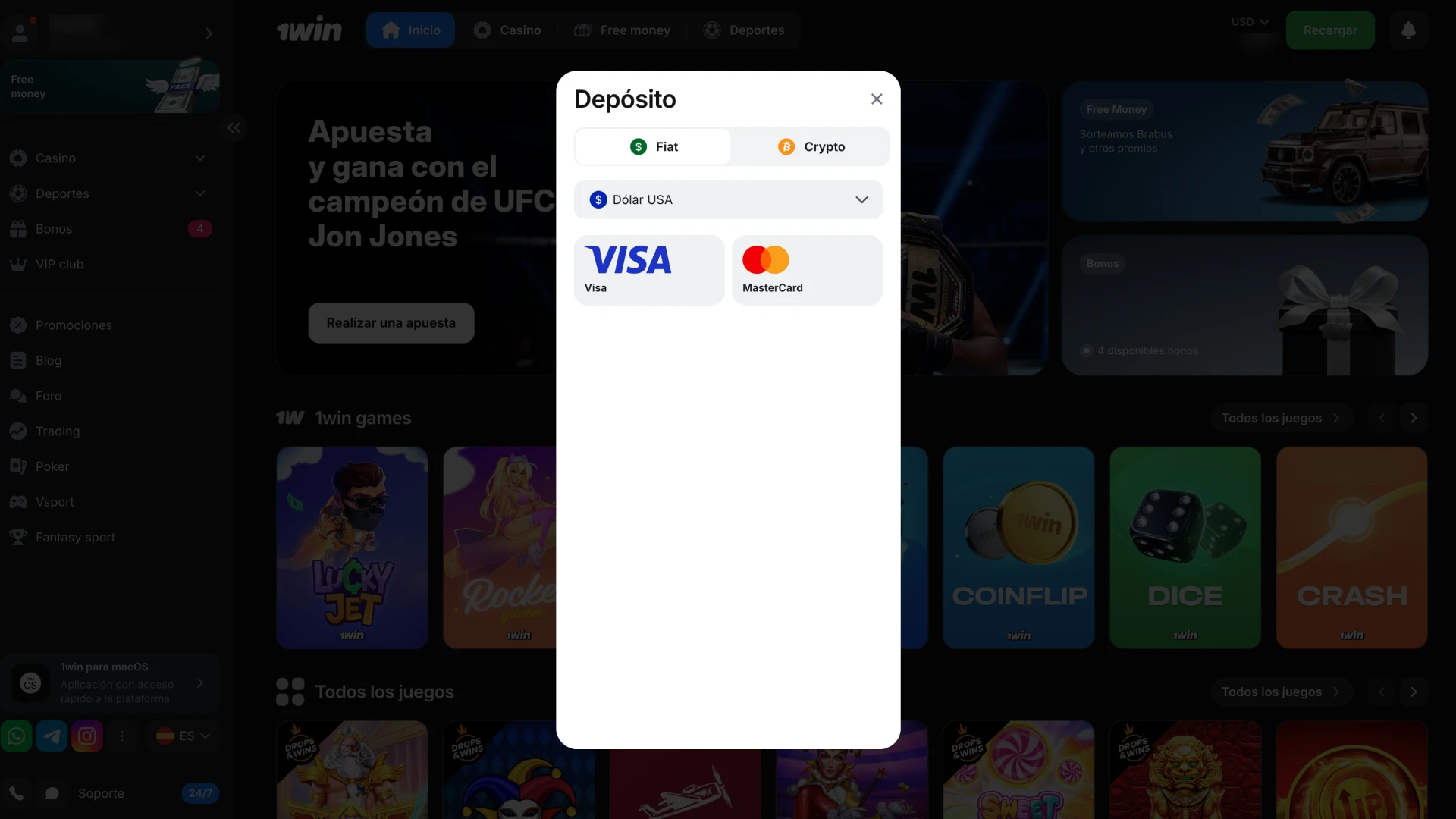 Abre la sección de pagos en el sitio web de 1Win.