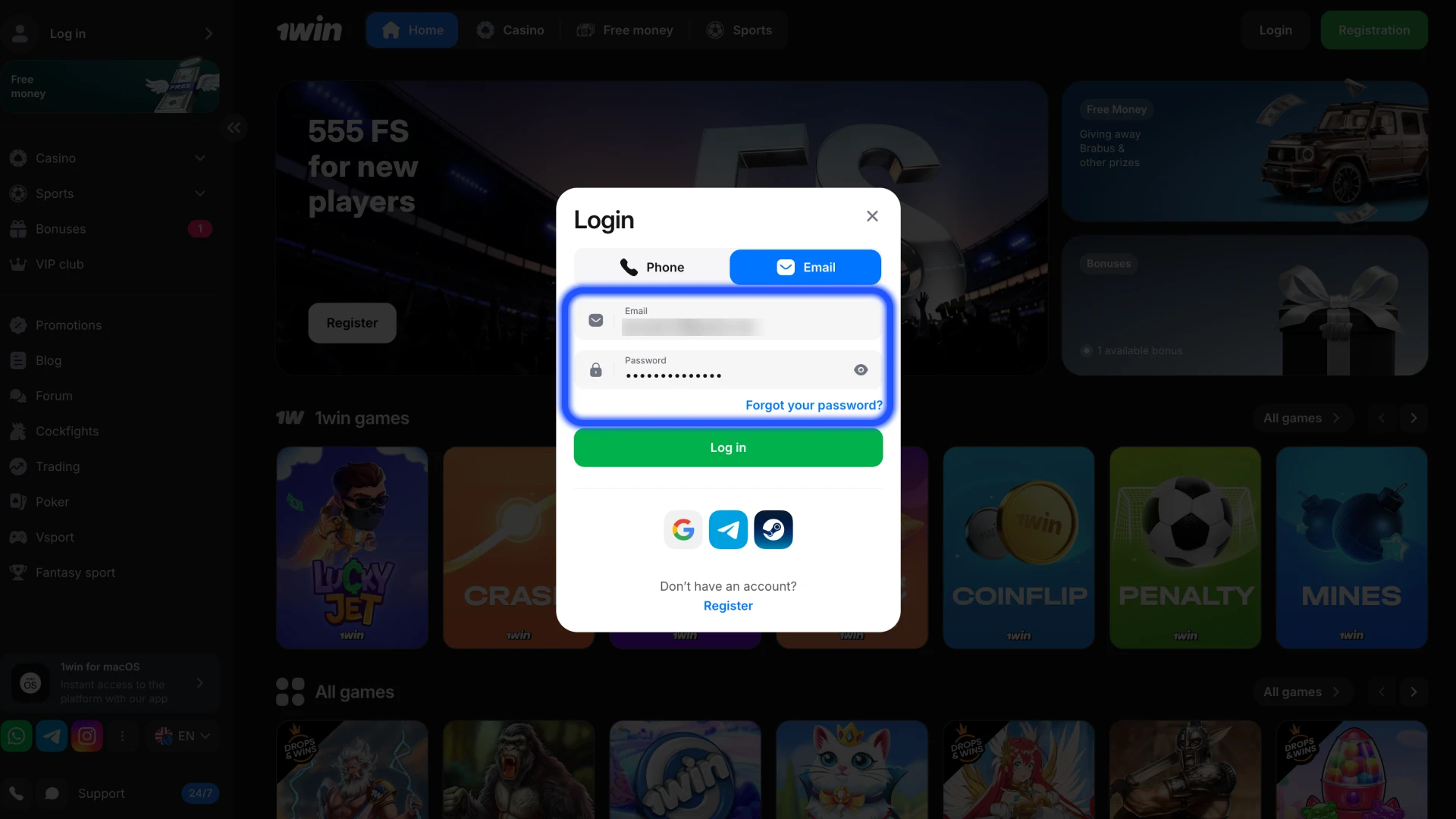 Enter your personal details and confirm 1win login.