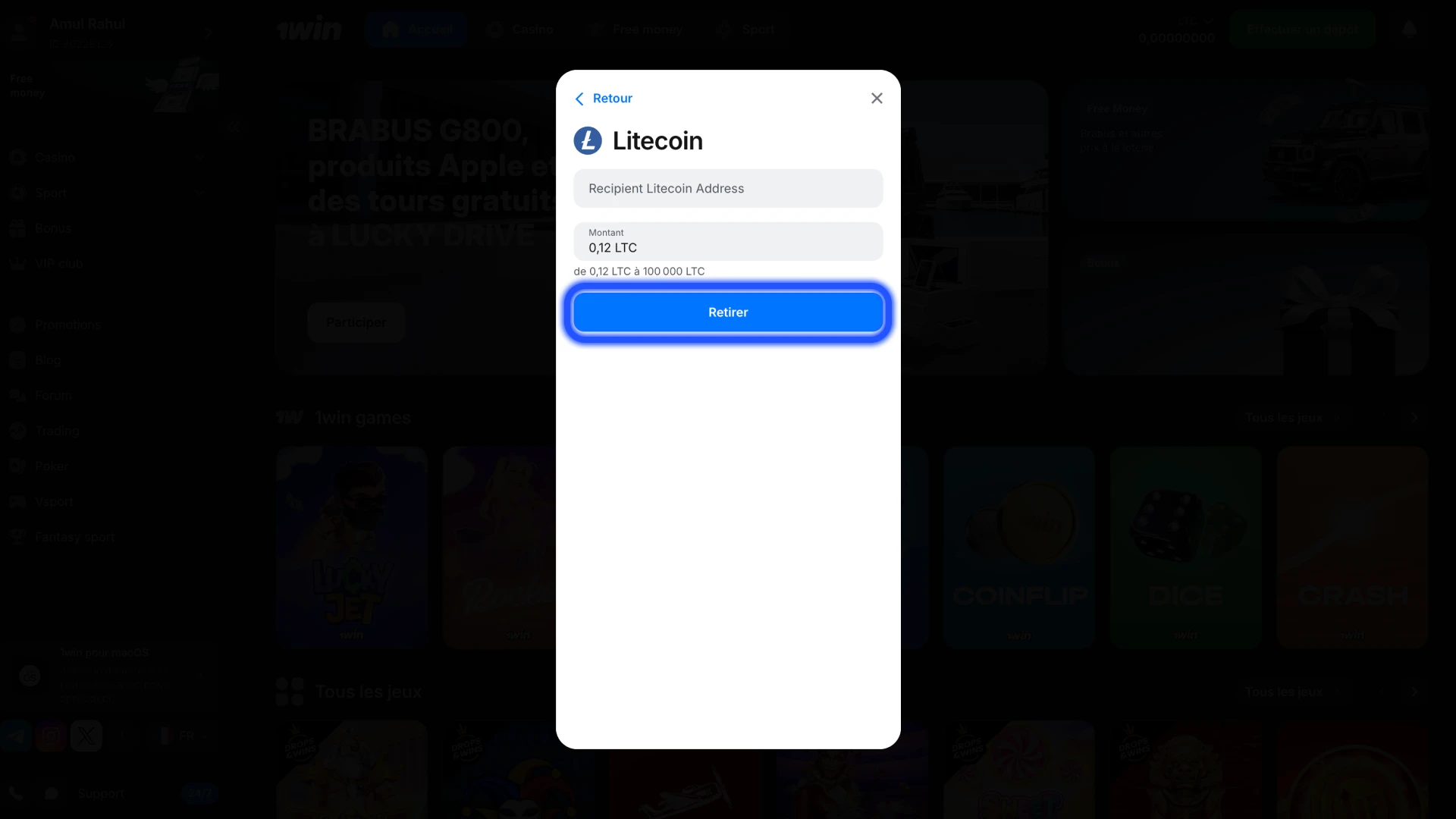 Cliquez sur le bouton Retirer pour confirmer la transaction 1Win.