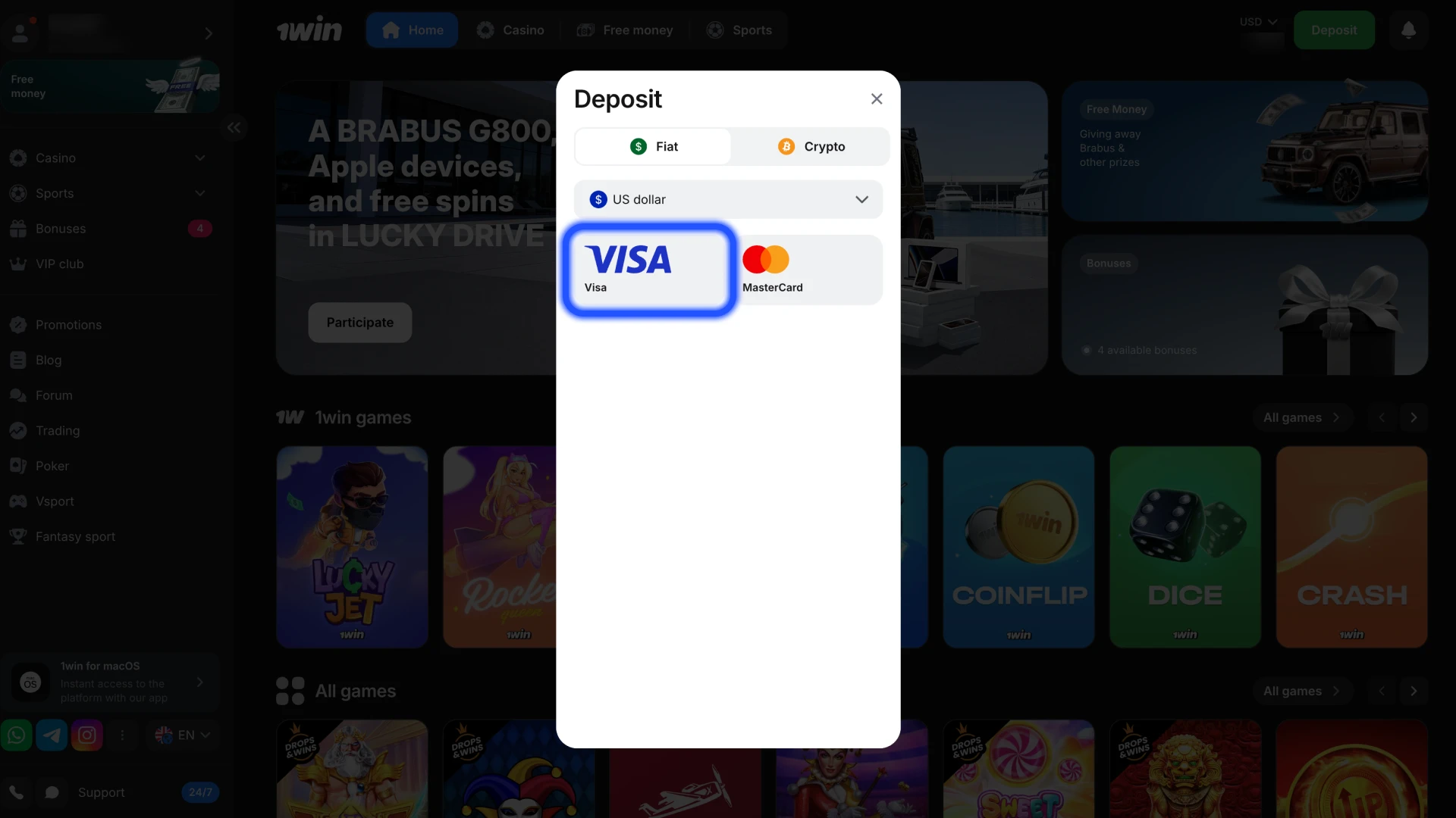 Choose the payment system for the deposit at 1Win.