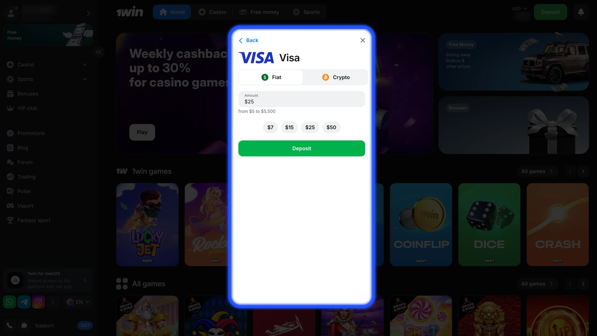 Top up your 1win account to start making bets.