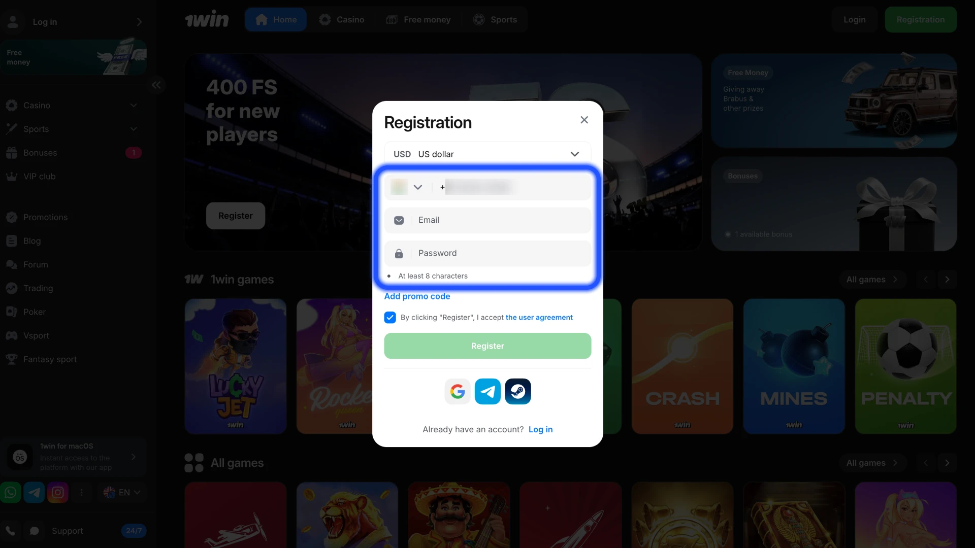 Choose a registration method you prefer at 1Win.