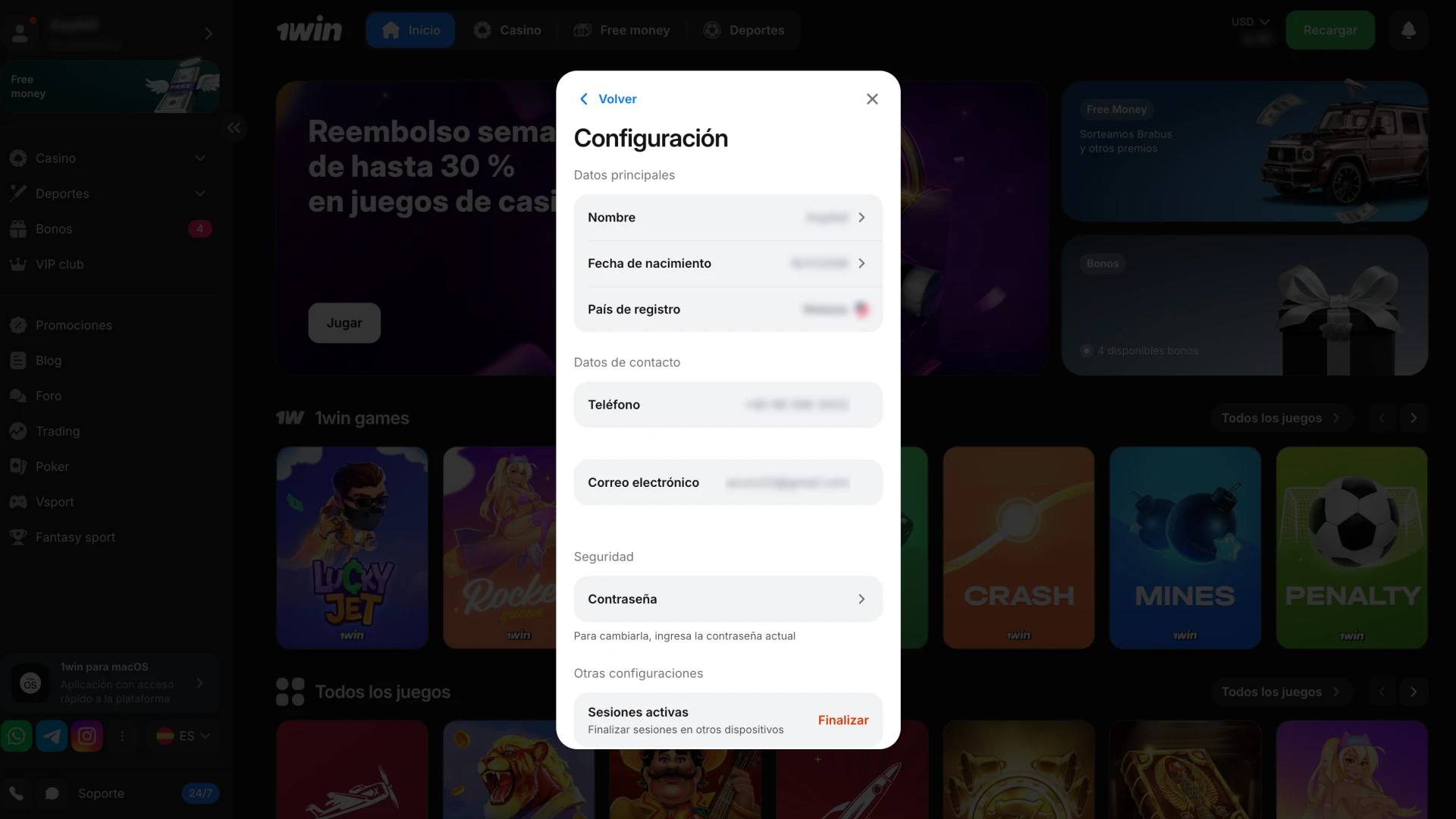 Completa tu perfil en 1Win con tu información personal.