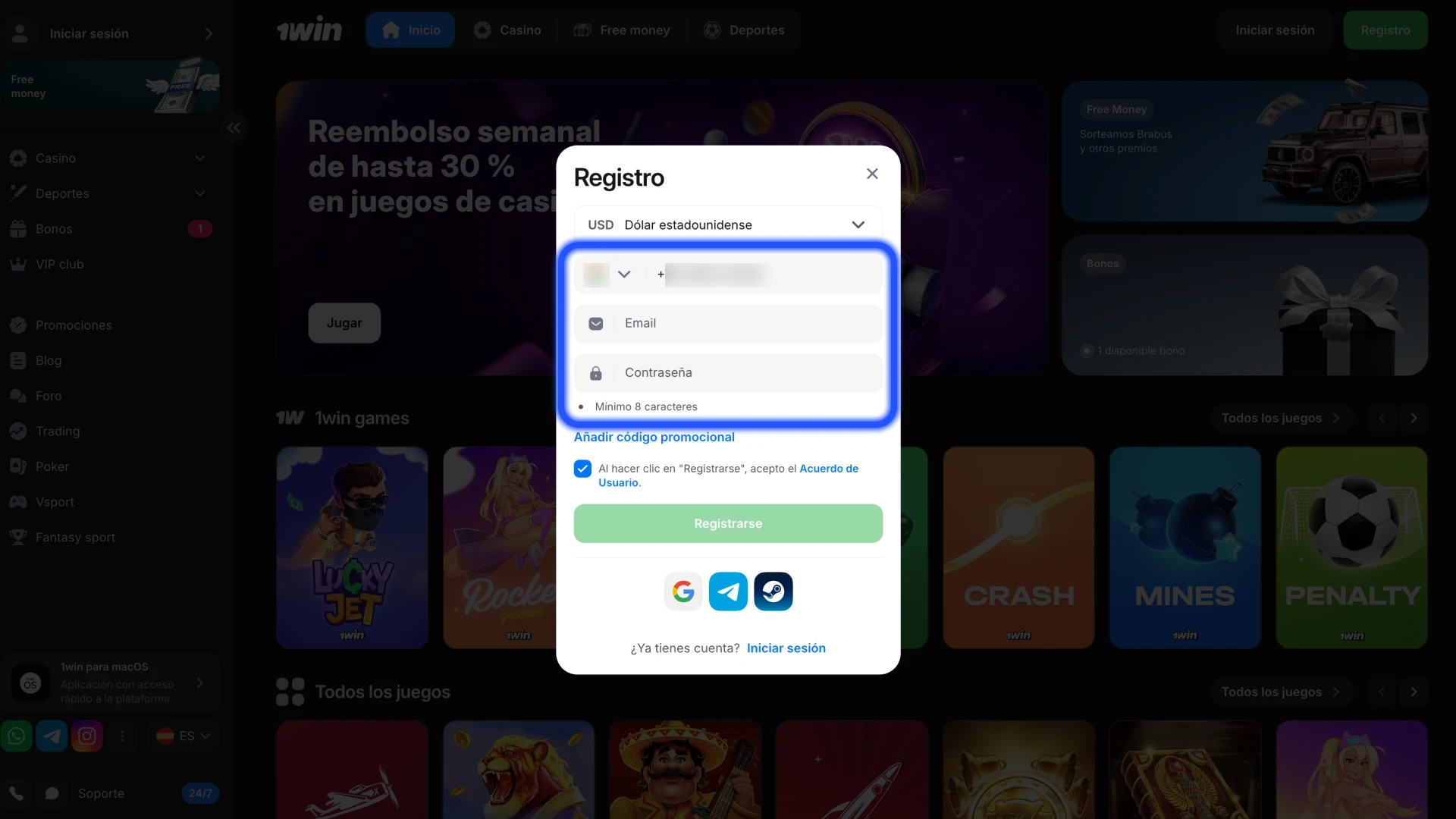 Elige el método de registro que prefieras en 1Win.